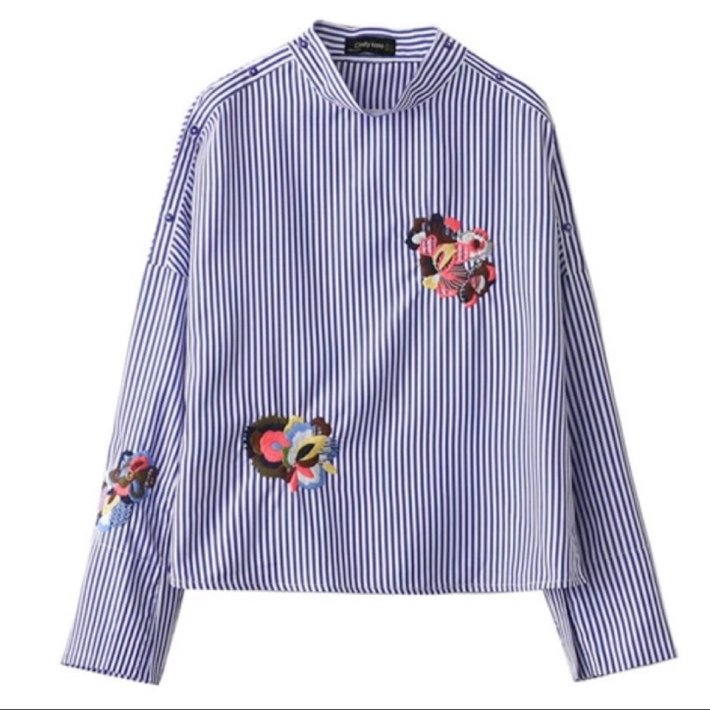 ZARA EMBROIDERED COTTON POPLIN STRIPED SHIRT SIZE SMALL